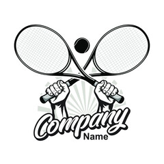 Tennis logo with two hand holding racket and crossed rackets vector inspiration, Design element for logo, poster, card, banner, emblem, t shirt. Vector illustration
