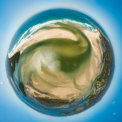 erial view over islands in the Mallacoota Inlet and mouth of the Wallagaraugh River, eastern Victoria, Australia, December 2020.