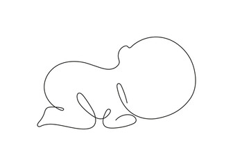 Newborn baby sleep, one art line continuous drawing. Silhouette cute sleeping child in minimalism single outline draw. Little kid is lies on stomach. Vector illustration