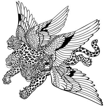 Four-headed Leopard With Wings Of A Bird On Its Back. Mythological Creature Beast Of Daniel Prophecy. Biblical Animal Monster In The Flight. Black And White Vector Illustration