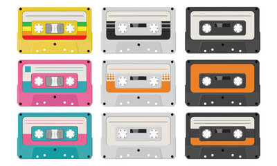 Set of retro audio cassettes of different designs and colors isolated on white background. EPS 10 vector illustration. 
