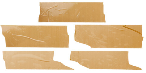 Torn horizontal and different size glossy beige sticky tape, sticky pieces on white background. Set of glossy beige tapes.