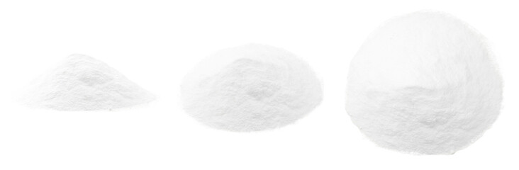 Soda, flour, salt or sugar are poured in heaps. Three heaps of white powder at different angles isolated on a white background.