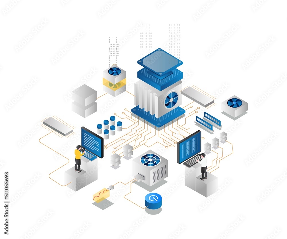 Aufkleber Isometric illustration concept of a team of programmers on a network that is a server computer processor