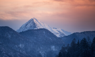 Winter mountains at sunrise after fresh snow
