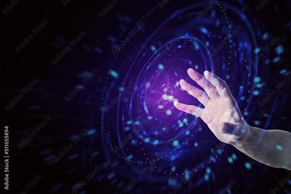 Poster Innovation and future technology concept with man hand on virtual sensor screen with abstract button and blue dots on dark background