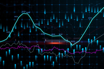 Abstract glowing forex graph on dark background with candlestick. Invest, trade and broker concept. 3D Rendering.