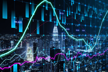Abstract glowing forex graph on blurry night city background with candlestick. Invest, trade and...