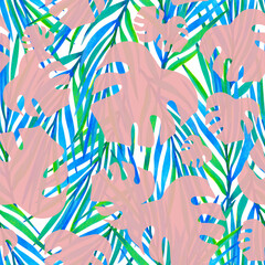 Summer tropical hawaiian print with palm and monstera leaves, seamless palm pattern