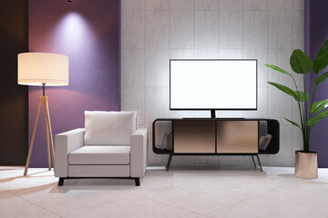 Blank white TV screen with space for your text or logo on vintage stand in stylish living room with white armchair, flower on marble floor and old school illuminated lamp. 3D rendering, mock up