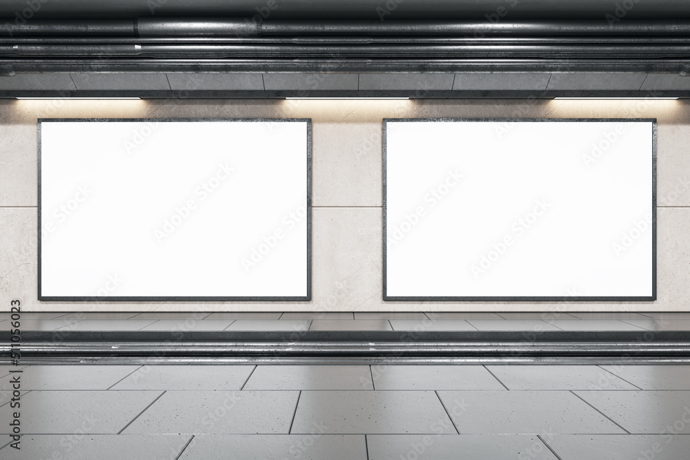 Poster Front view on two blank white billboards in black frame with empty space in undeground area with dark ceiling and grey floor. 3D rendering, mock up