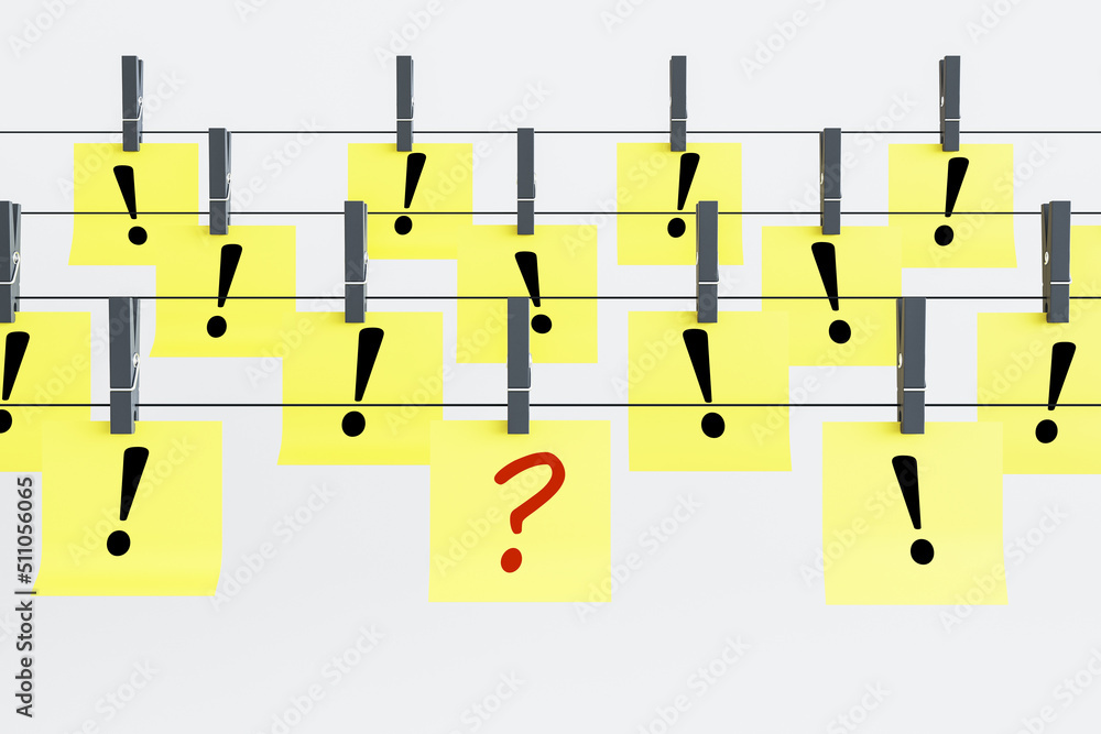 Aufkleber Abstract yellow papers with question and exclamation marks hanging on ropes. Solution and answer concept. 3D Rendering.