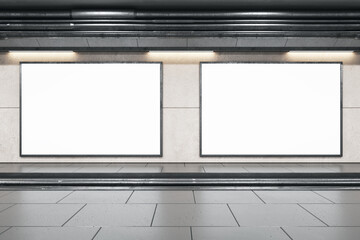 Front view on two blank white billboards in black frame with empty space in undeground area with dark ceiling and grey floor. 3D rendering, mock up