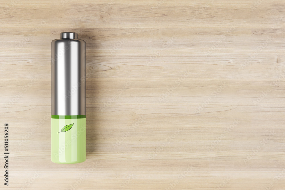 Poster Green energy concept with front view on green leaf printed on silver battery on light wooden background with space for your logo or text. 3D rendering, mock up