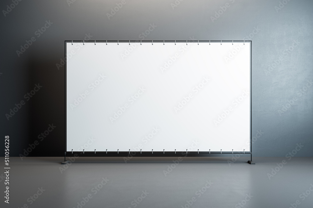 Poster front view on blank white billboard with place for your text or logo in the center of empty room wit