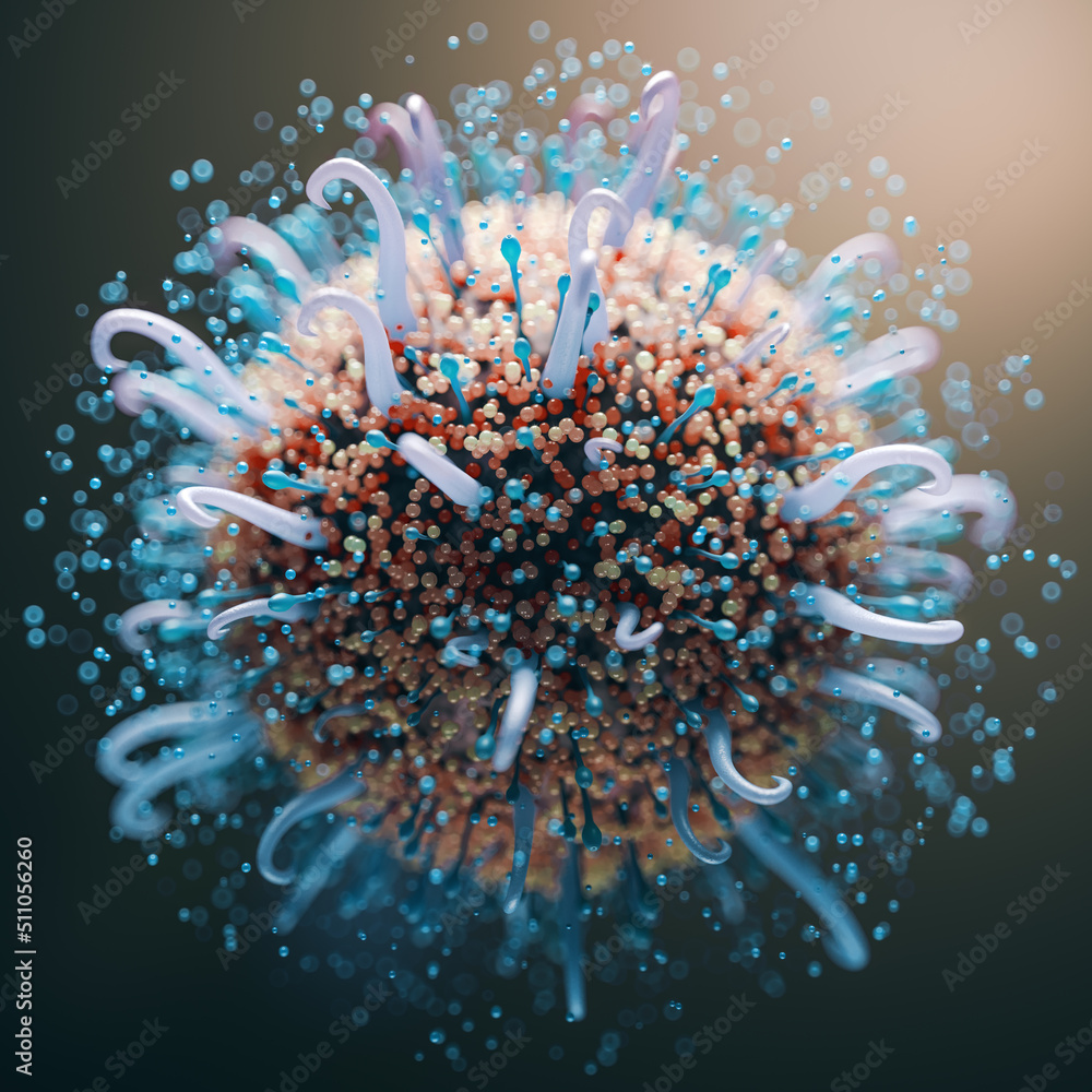 Poster microbilology and virology concept with closeup of abstract red and light blue virus cell on dark ba