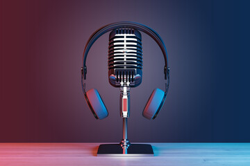 Podcast or radio concept with vintage microphone and headphones on empty wooden table and dark wall background. 3D rendering