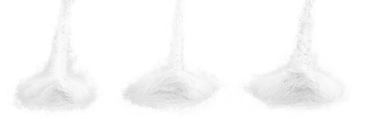 Soda, flour, salt or sugar are poured in heaps. Three different heaps of white powder isolated on a white background. - 511056217