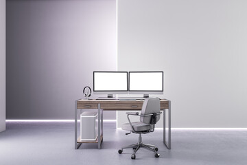 Modern concrete office interior with workplace, equipment and empty mock up place on computer screen. 3D Rendering.