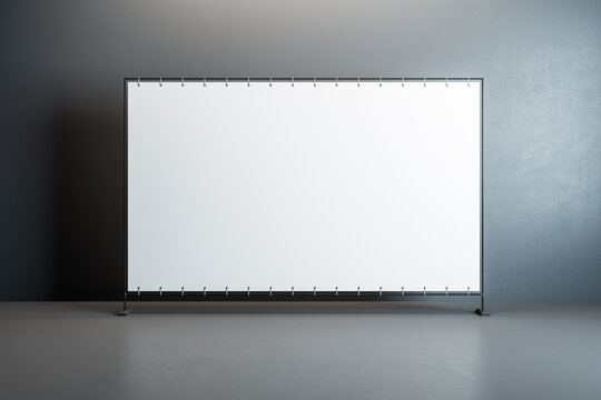 Front view on blank white billboard with place for your text or logo in the center of empty room with glossy floor and dark grey wall background. 3D rendering, mockup