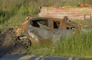 War in Ukraine. Destroyed buildings in Kyiv region after russian army attack. Consequences of...