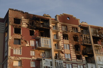 War in Ukraine. Destroyed buildings in Kyiv region after russian army attack. Consequences of russian invasion in Ukraine. 