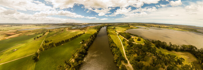 Aerial view along the Snowy River and adjacent wetlands near Marlo, in Gippsland, Victoria,...