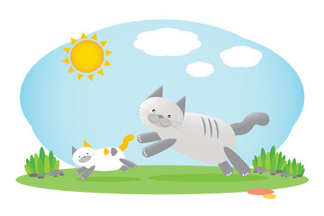 Mother cat and Kitten for used in children's tales, The stories adorable characters of two cats are running cheerfully on elements of grass field and sky in summer season isolated on white background.