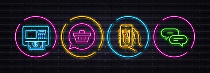 Atm, Shopping cart and Restaurant app minimal line icons. Neon laser 3d lights. Dots message icons. For web, application, printing. Money withdraw, Dreaming of gift, Smartphone food. Vector