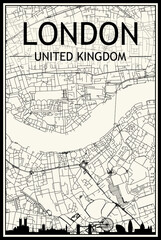 Light printout city poster with panoramic skyline and hand-drawn streets network on vintage beige background of the downtown LONDON, UNITED KINGDOM