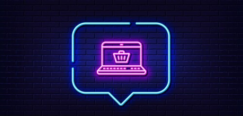 Neon light speech bubble. Online Shopping cart line icon. Laptop sign. Supermarket basket symbol. Neon light background. Online shopping glow line. Brick wall banner. Vector