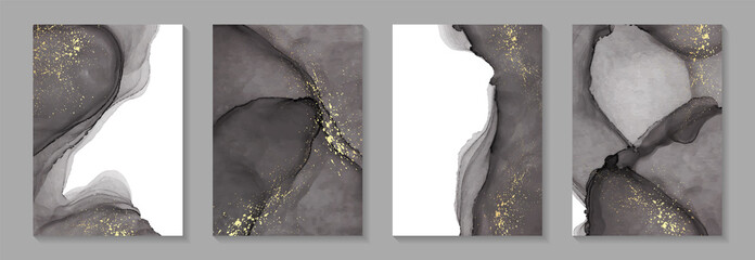Modern watercolor background or elegant card design for birthday invite or wedding or menu with abstract black ink waves and golden splashes.