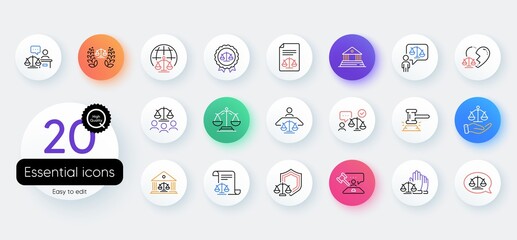 Court line icons. Bicolor outline web elements. Scales of Justice, Lawyer and Judge. Hammer, Law and Petition document set icons. Judgment, justice, court injunction. Vector