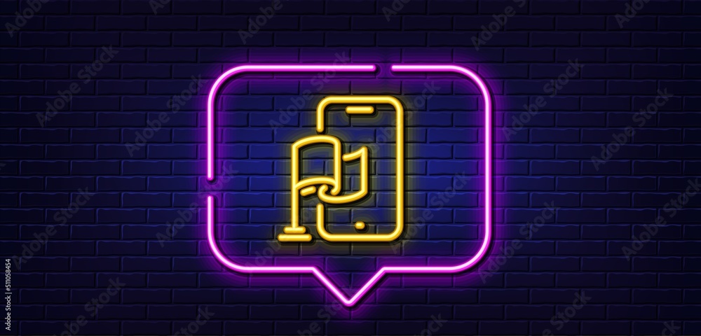 Poster neon light speech bubble. location app line icon. goal destination sign. flag pointer symbol. neon l