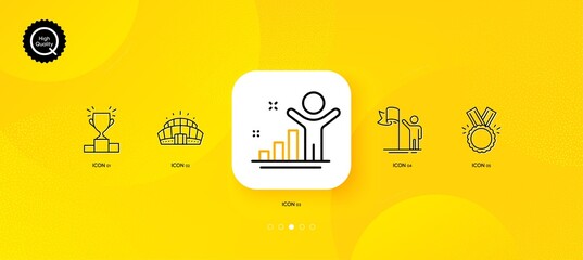 Fototapeta na wymiar Honor, Leadership and Arena stadium minimal line icons. Yellow abstract background. Winner, Winner podium icons. For web, application, printing. Medal, Competition building, Best result. Vector