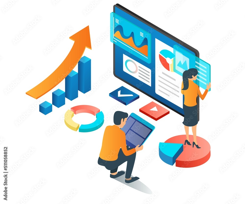Poster Creative team is compiling business data on monitor