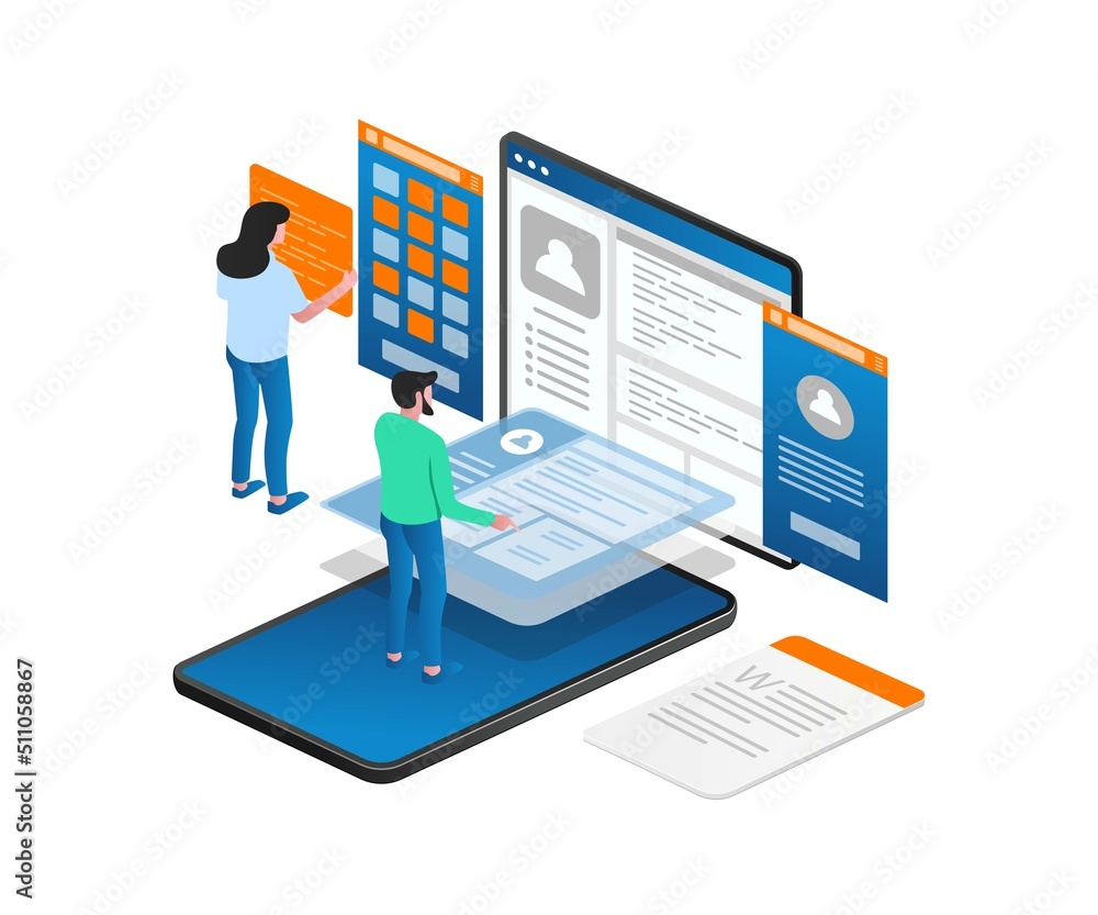Poster Concept illustration of isometric team is designing a website application