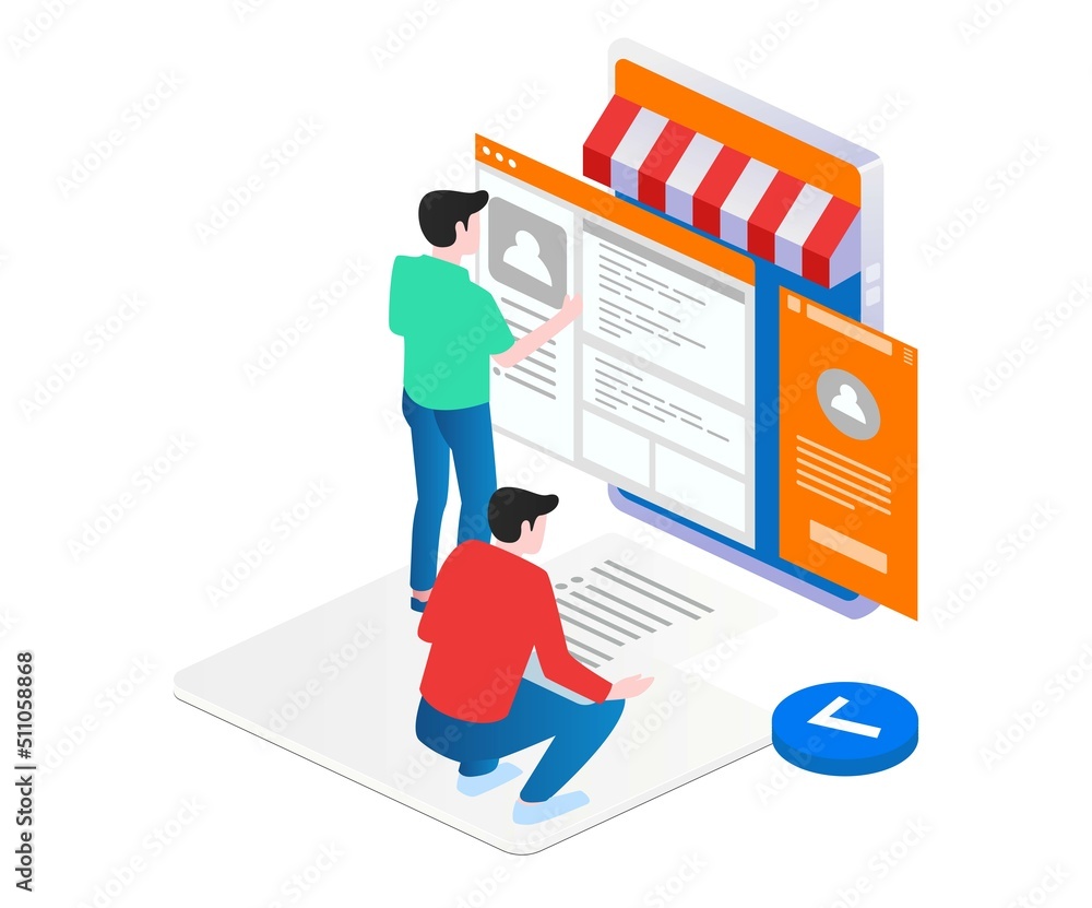 Poster Concept illustration of isometric team designing a website application for e commerce