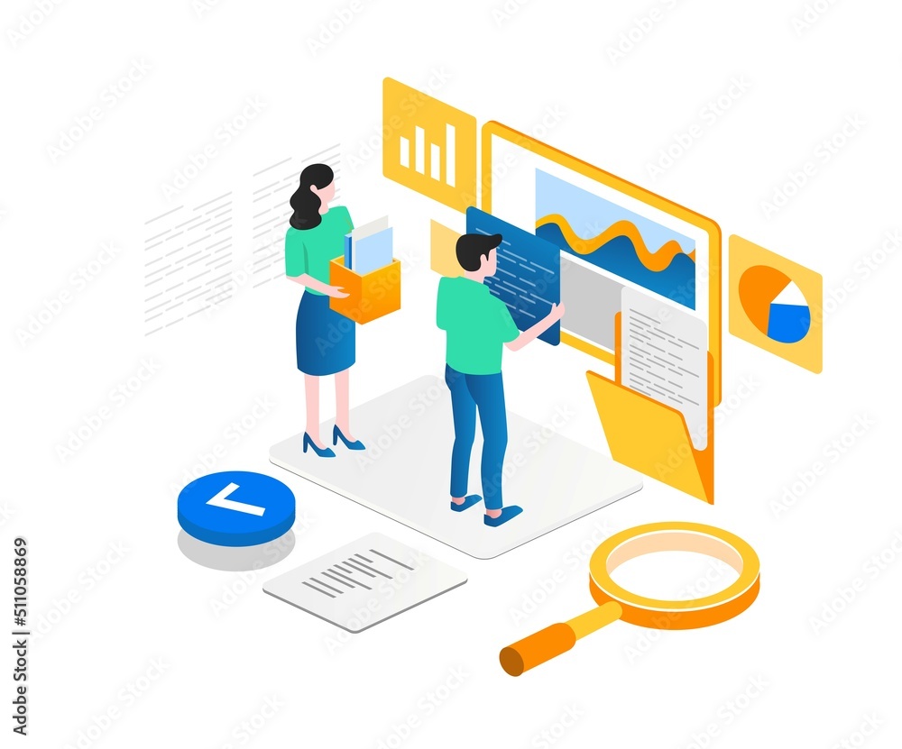 Poster concept illustration of isometric team analyzing data