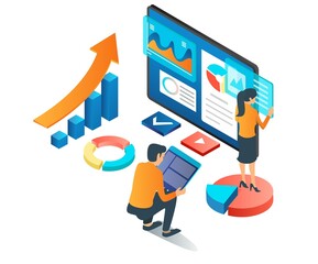 Creative team is compiling business data on monitor