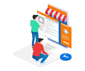Concept illustration of isometric team designing a website application for e commerce