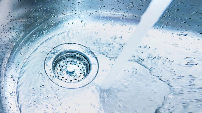 Banner with stream of clean water drink flows into the stainless steel sink. Sink plug hole close up, macro. Environment, water pollution and water shortage concept. Copy space for text