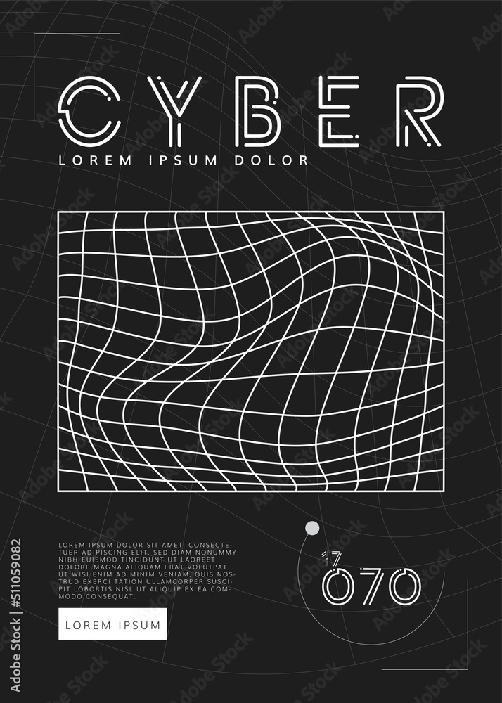 Poster poster with cyber distorted shape, retro punk design. wireframe wave geometry shape on black backgro