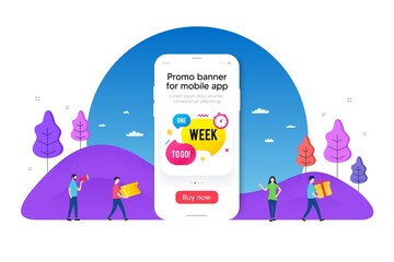 One week offer bubble banner. Phone ui interface banner. Discount sticker shape. Special offer icon. Mobile smartphone promo banner. One week tag. Man with gift box. Vector