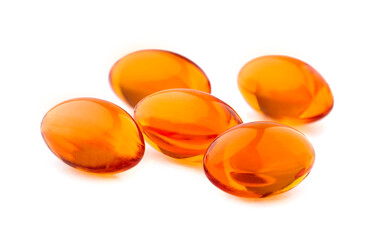 Omega 3 capsules on white background.  Close-up Natural Krill Oil Capsules isolated on white...