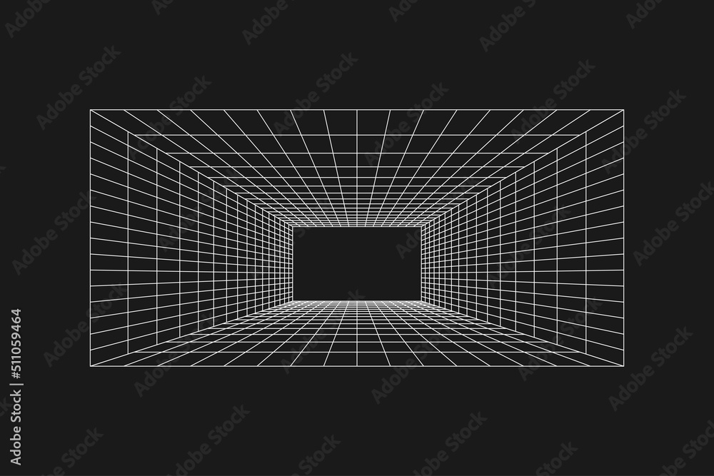 Poster cyber grid, retro punk perspective rectangular tunnel. grid tunnel geometry on black background. vec