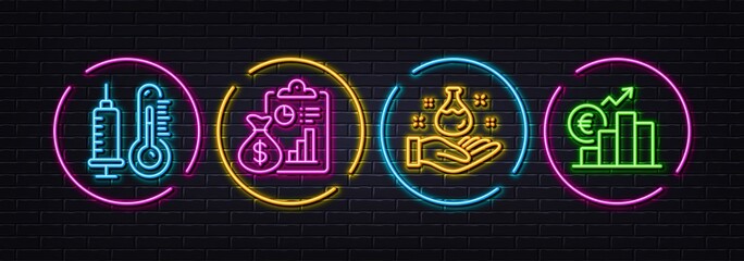 Report, Thermometer and Chemistry lab minimal line icons. Neon laser 3d lights. Euro rate icons. For web, application, printing. Survey clipboard, Vaccine syringe, Laboratory. Currency trade. Vector - obrazy, fototapety, plakaty