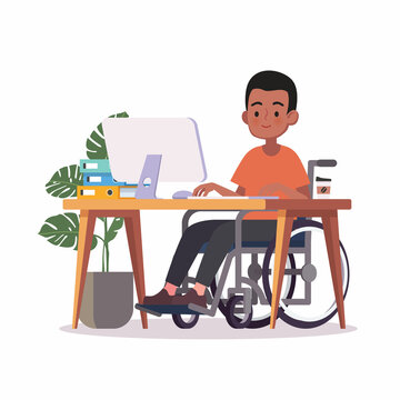 Person in wheelchair working on computer desk in home office Premium Vector