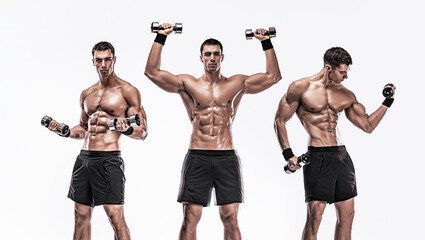 Collage. Man athlete with dumbbells isolated on white background. Gym full body workout. Muscular...