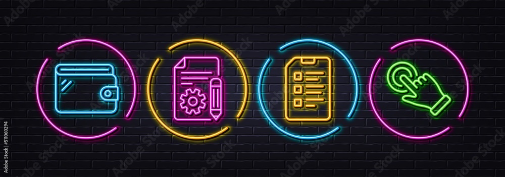 Poster wallet, documentation and checklist minimal line icons. neon laser 3d lights. touchscreen gesture ic